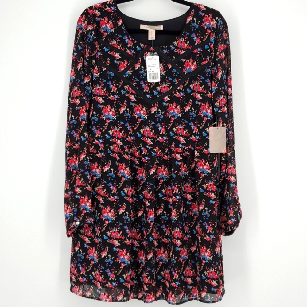 NWT Forever 21 Contemporary Floral Mini Dress Medium Black Pink Blue Long Sleeve